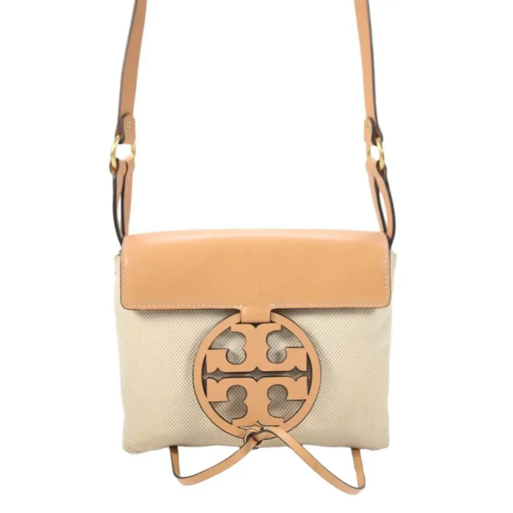 Tory Burch Womens Canvas Leather Logo Crossbody Handbag Beige Brown